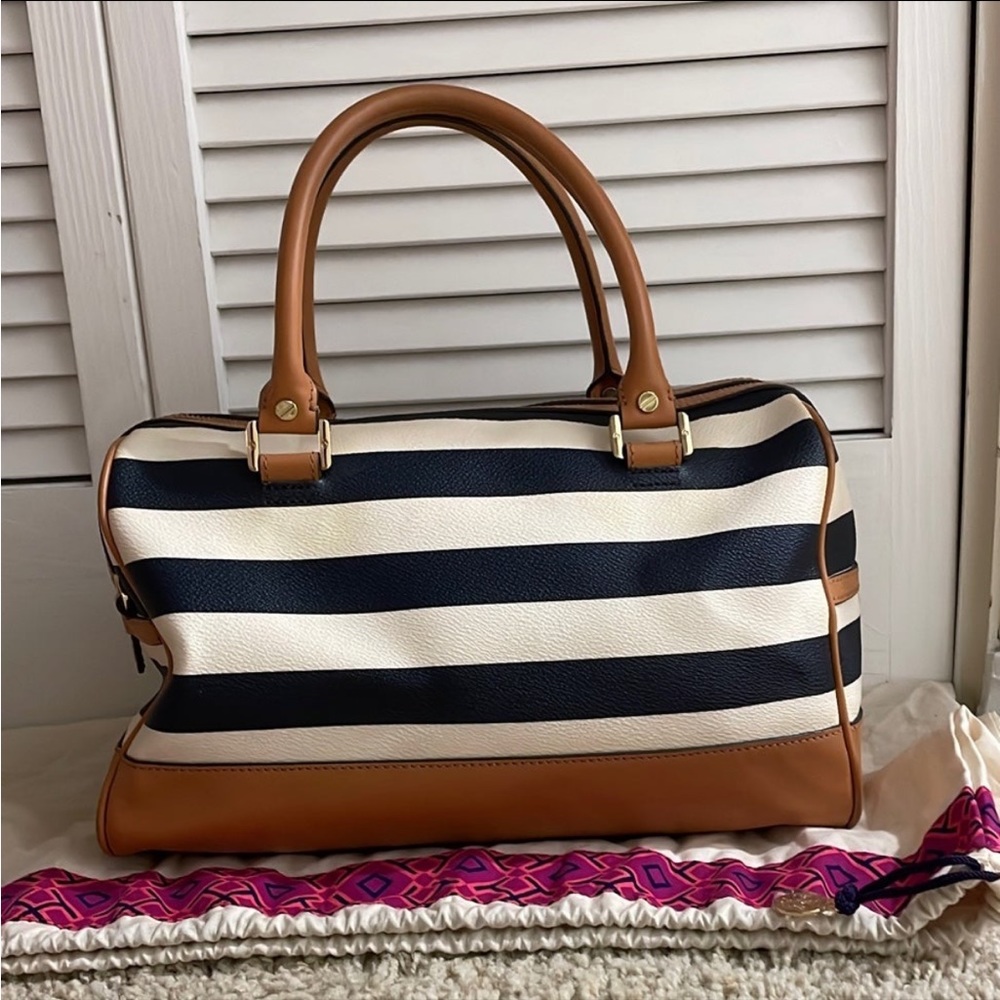 Tory Burch Navy and White Striped Satchel with Tan Trim - Picture 13 of 13
